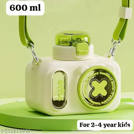 GenZ 600ml / Camera Plastic Water Bottle, Push Button Open Water Bottle with Straw, Sipper Bottle with Adjustable Strap and Stickers