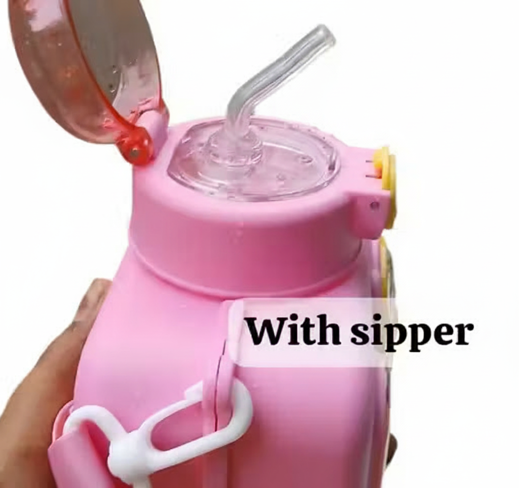 GenZ 600ml / Camera Plastic Water Bottle, Push Button Open Water Bottle with Straw, Sipper Bottle with Adjustable Strap and Stickers
