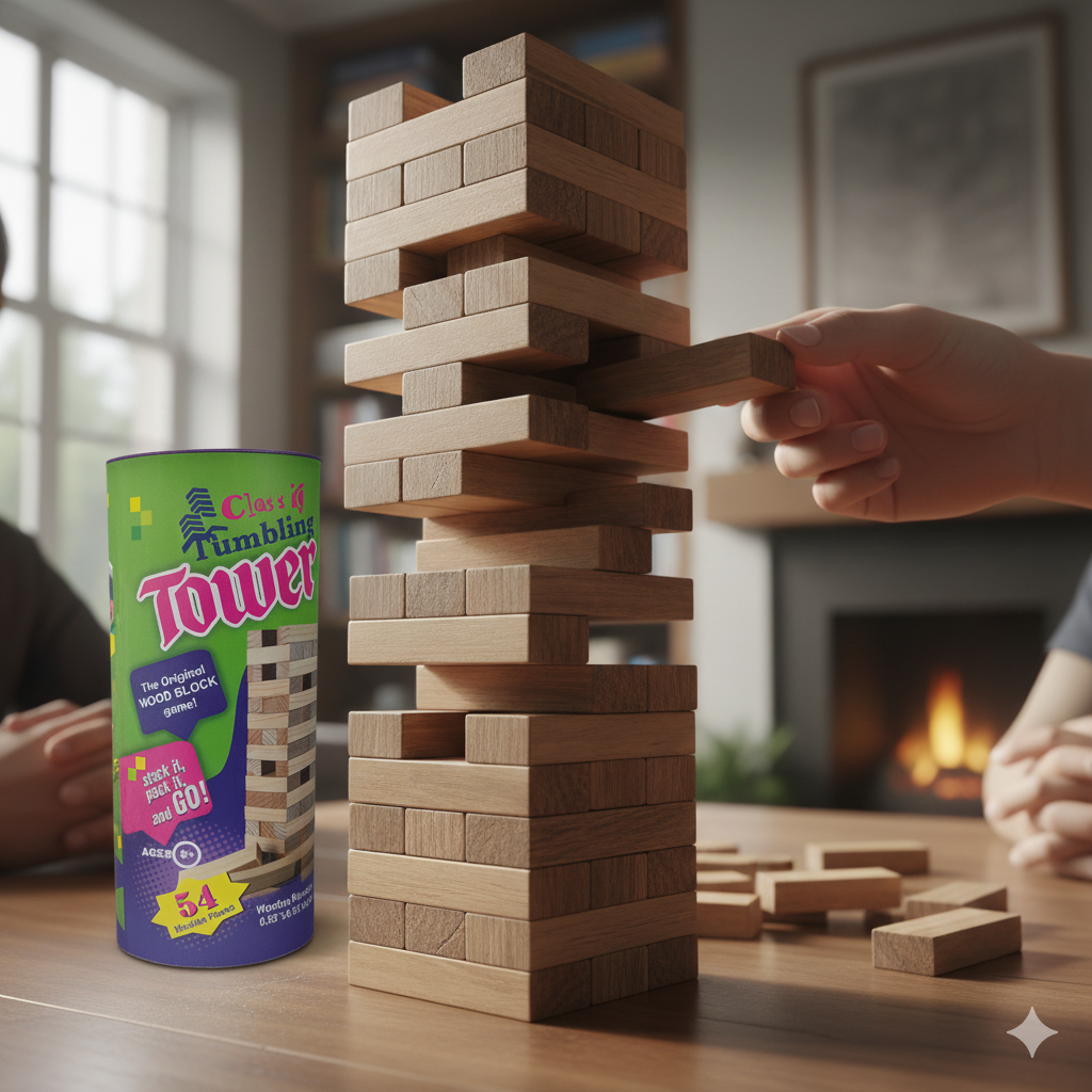 GenZ 54 Pcs Wood Tumbling Tower Stacking Toys, Best Educational Puzzle Game for Indoor & Outdoor, Challenging Wooden Blocks Games for Adults & Kids