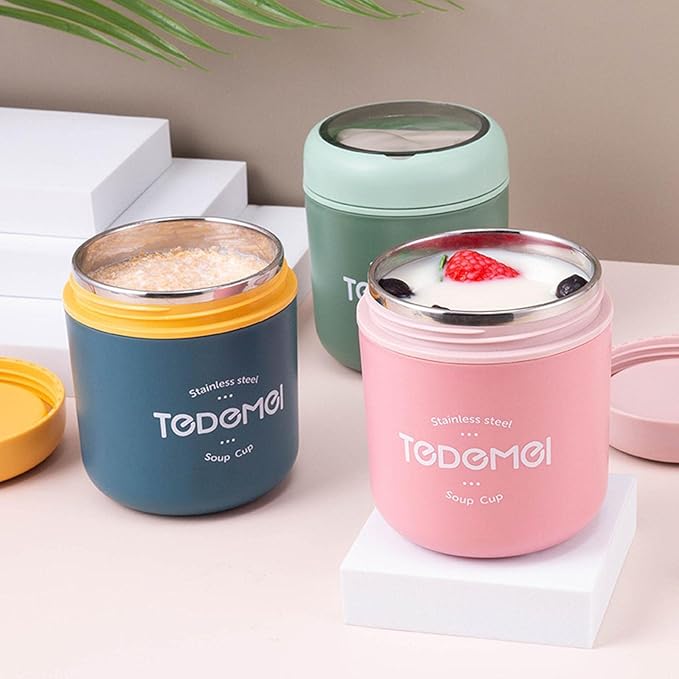GenZ Stainless Steel Lunch Box, Soup Cup, Insulated Water Cup with Spoon, Lunch Container Leakproof Food Flask, Hot Food Soup (Pack of 1) Mix Color