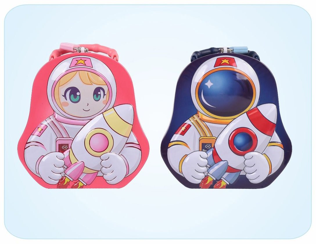 GenZ Piggy Bank for Kids – Space Kid Money Saving Tin Coin Bank with Lock and Key, Metal, Boys (Blue)