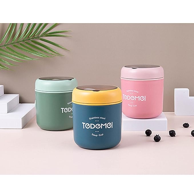 GenZ Stainless Steel Lunch Box, Soup Cup, Insulated Water Cup with Spoon, Lunch Container Leakproof Food Flask, Hot Food Soup (Pack of 1) Mix Color