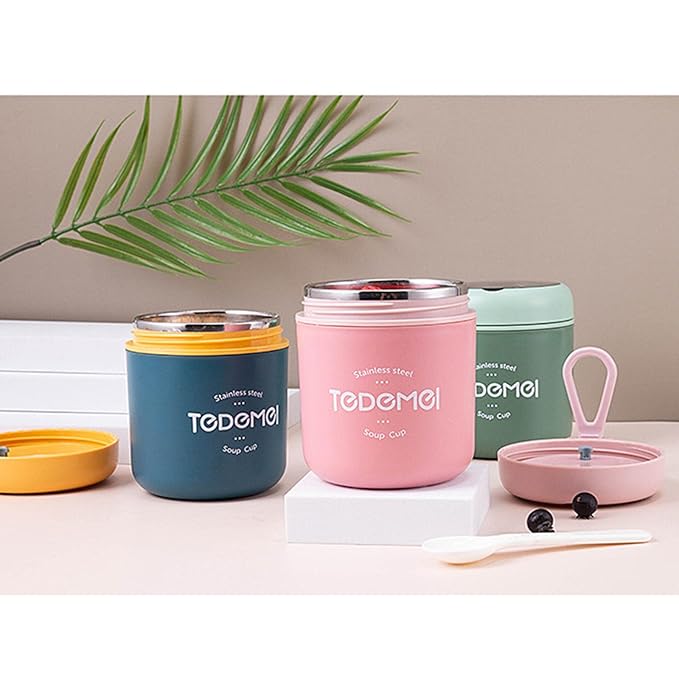 GenZ Stainless Steel Lunch Box, Soup Cup, Insulated Water Cup with Spoon, Lunch Container Leakproof Food Flask, Hot Food Soup (Pack of 1) Mix Color