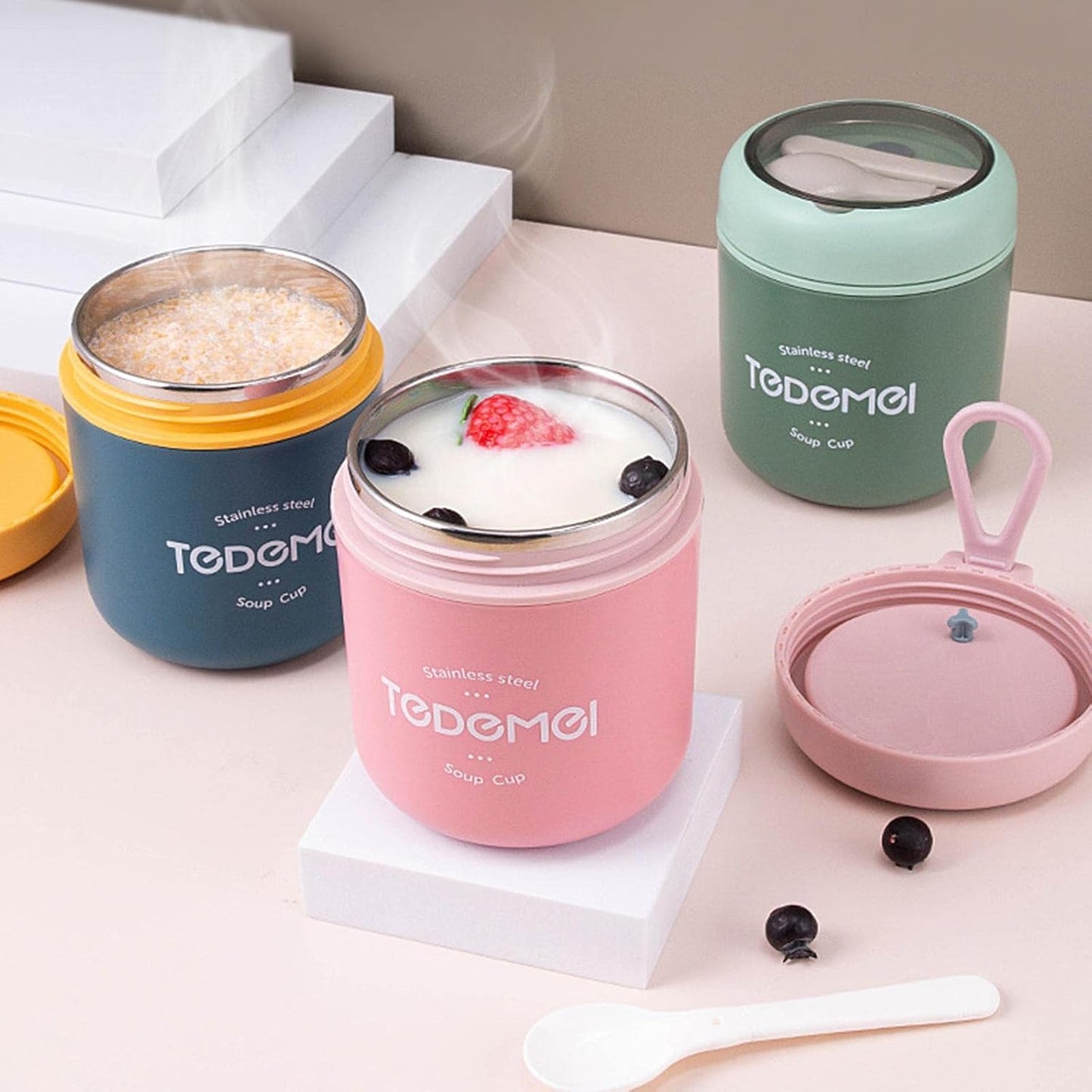 GenZ Stainless Steel Lunch Box, Soup Cup, Insulated Water Cup with Spoon, Lunch Container Leakproof Food Flask, Hot Food Soup (Pack of 1) Mix Color