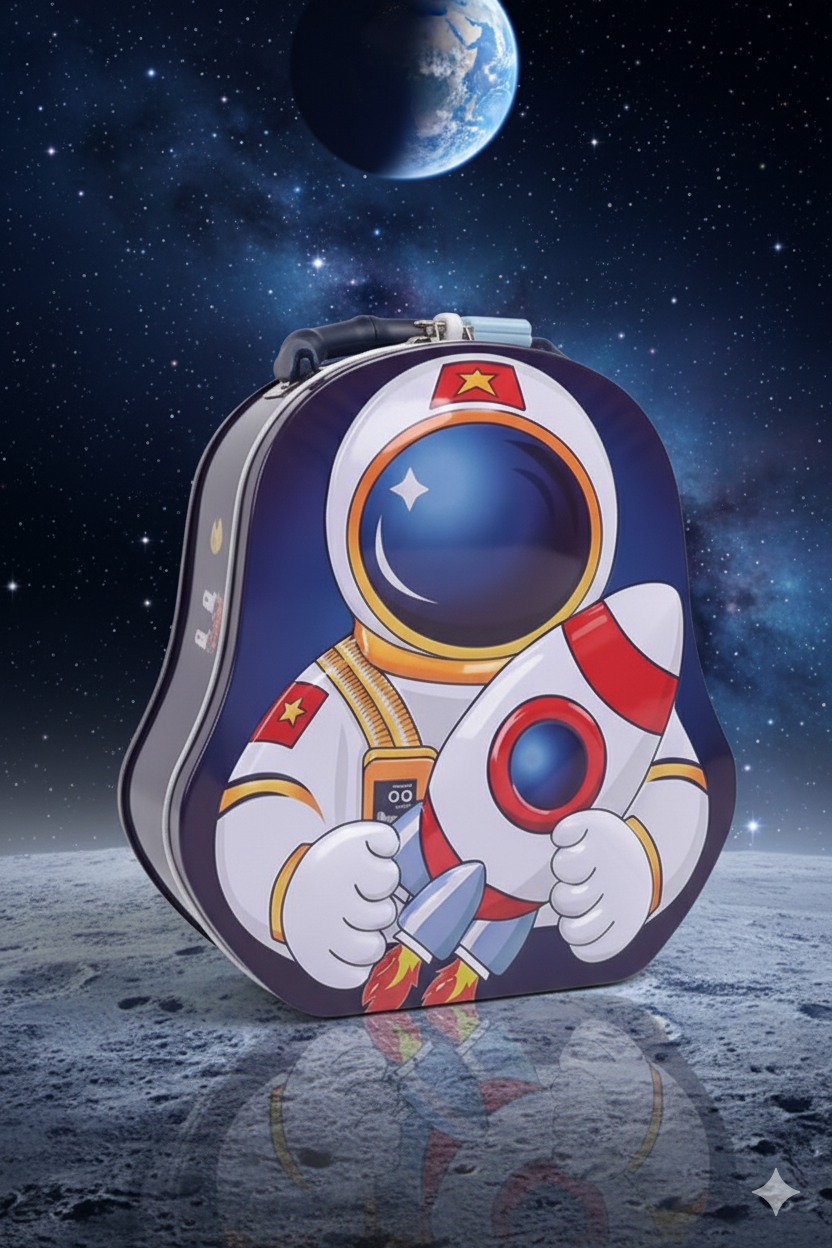 GenZ Piggy Bank for Kids – Space Kid Money Saving Tin Coin Bank with Lock and Key, Metal, Boys (Blue)