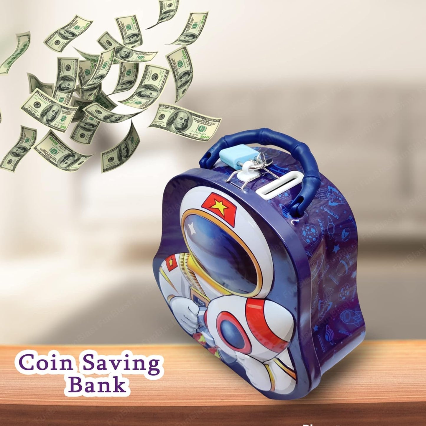 GenZ Piggy Bank for Kids – Space Kid Money Saving Tin Coin Bank with Lock and Key, Metal, Boys (Blue)
