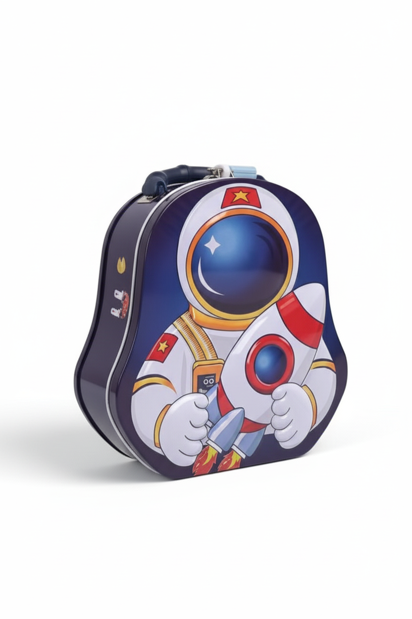 GenZ Piggy Bank for Kids – Space Kid Money Saving Tin Coin Bank with Lock and Key, Metal, Boys (Blue)