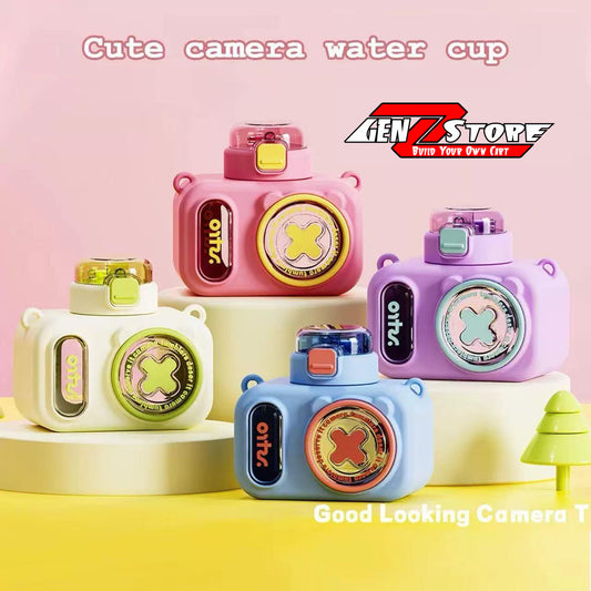 GenZ 600ml / Camera Plastic Water Bottle, Push Button Open Water Bottle with Straw, Sipper Bottle with Adjustable Strap and Stickers