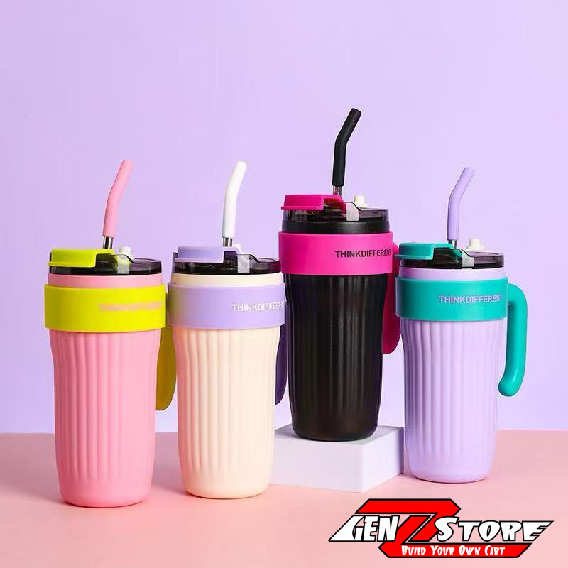 GenZ Coffee Cups, Vacuum Cup with Straw Insulated Travel Mug Tumbler with Handle Portable Outdoor Sports Handle Car Cup Double Wall Stainless Steel