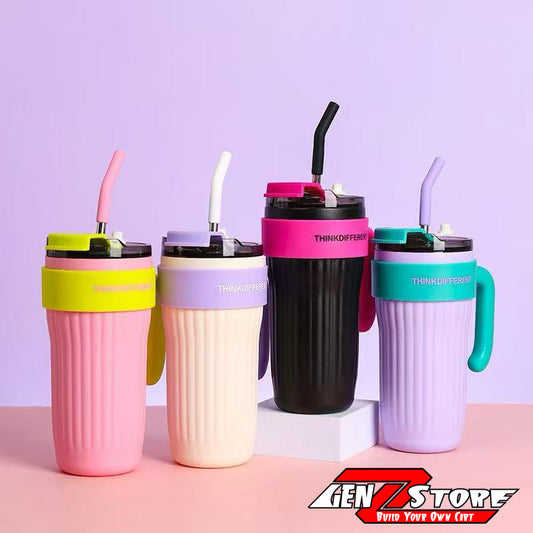 GenZ Coffee Cups, Vacuum Cup with Straw Insulated Travel Mug Tumbler with Handle Portable Outdoor Sports Handle Car Cup Double Wall Stainless Steel