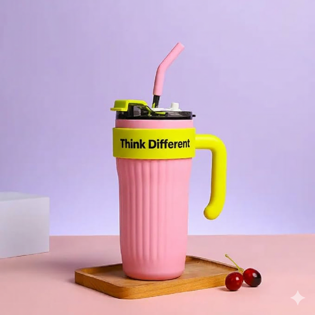 GenZ Coffee Cups, Vacuum Cup with Straw Insulated Travel Mug Tumbler with Handle Portable Outdoor Sports Handle Car Cup Double Wall Stainless Steel