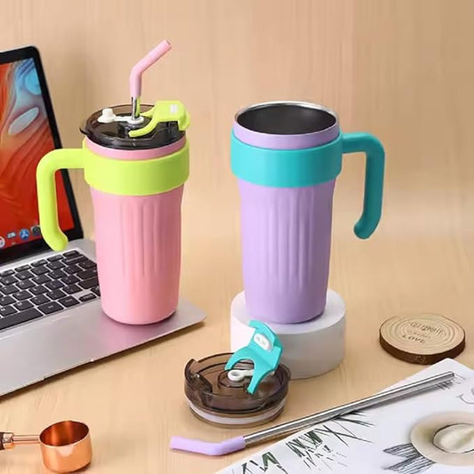 GenZ Coffee Cups, Vacuum Cup with Straw Insulated Travel Mug Tumbler with Handle Portable Outdoor Sports Handle Car Cup Double Wall Stainless Steel